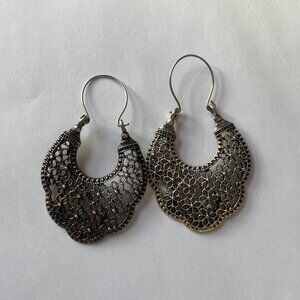 ANTHROPOLOGIE Bohemian Silver Moroccan trefoil Crescent Hoop Earrings